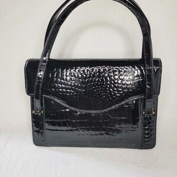 Handbags - Vintage Goubaud de Paris 1950s Black Patent Croc Embossed Handbag Kelly Style